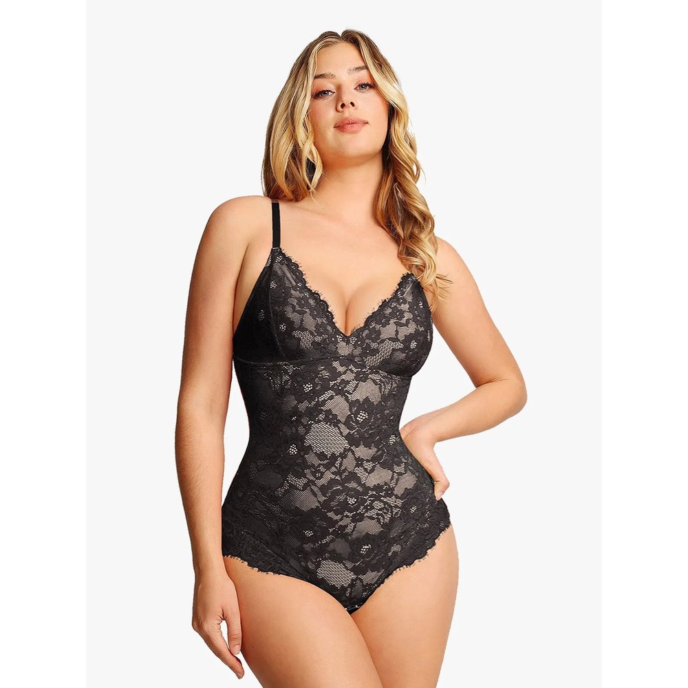 Popilush XXL Black Floral Lace Built-In Mesh Shapewear Bodysuit Snap Close